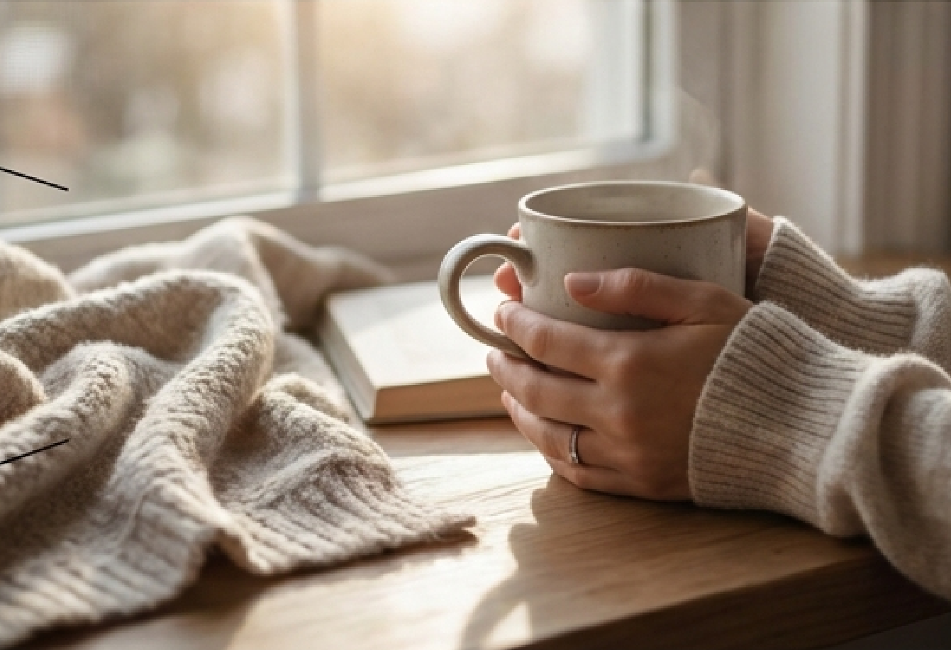 Hands holding coffee mug with linen, morning window light